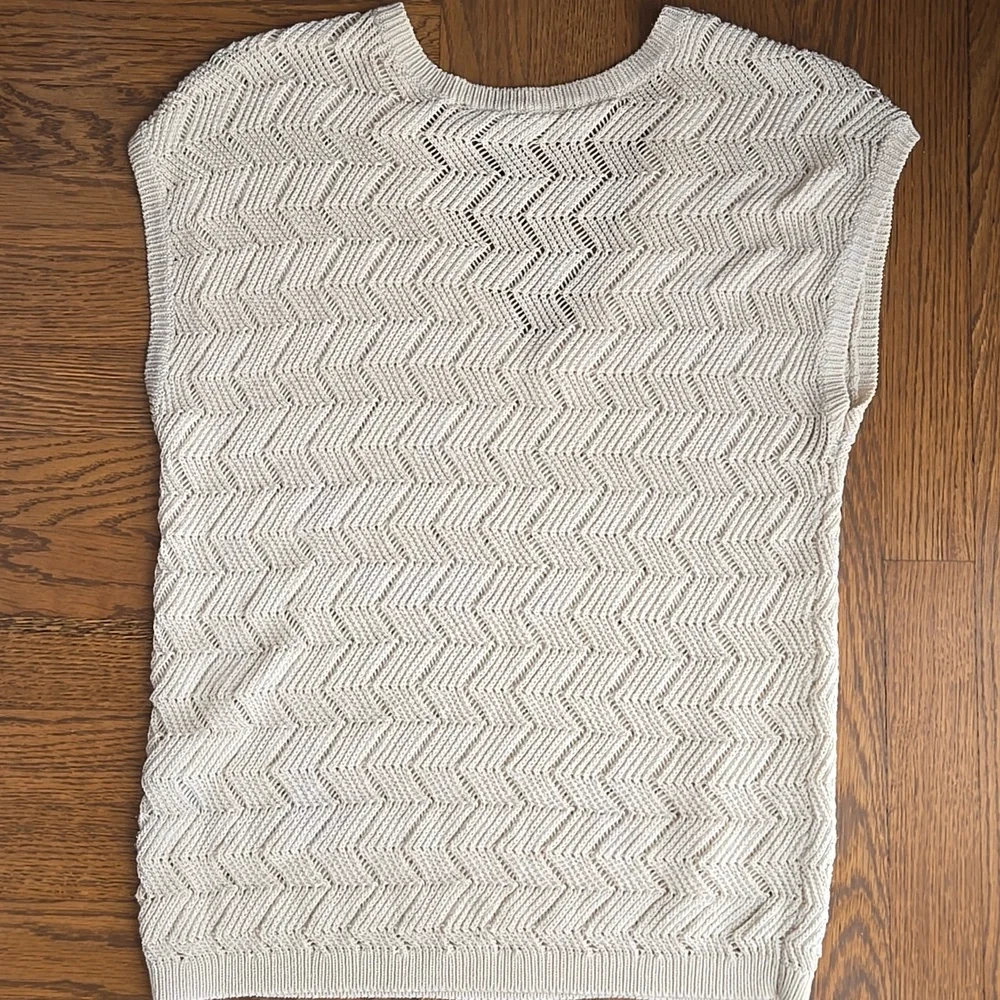 White House Black Market WHBM Open Weave Crochet Top Vest Stretch Beige Sz: L - Picture 3 of 9